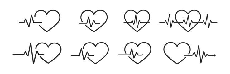 Heartbeat heart pulse line icons set, medical cardiogram love health linear vector illustration on transparent background