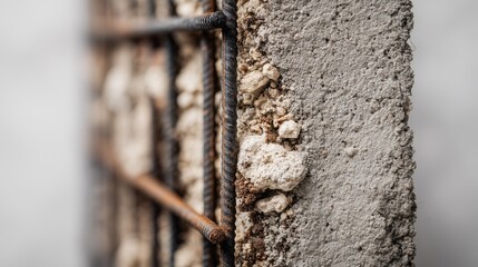 Close-up of concrete footing with rusted rebar and compacted soil, illustrating foundation inspection for corrosion, integrity, and soil contact.
