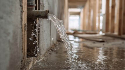 Water leak from pipe inside building under construction, worker using meter for leak detection and repair, indicating pipe failure and moisture control.