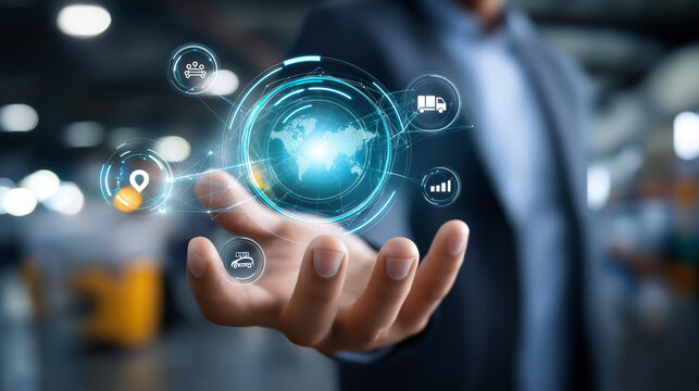 Futuristic supply chain management interface showing delivery route optimization, warehouse operational efficiency, cost savings visualization, vehicle tracking capabilities, procurement
