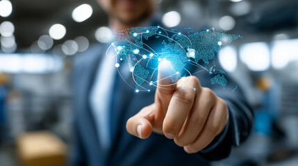 Faceless corporate manager coordinating worldwide supply chain network through digital interface showing connected manufacturers and distribution centers, technology-enhanced logistics