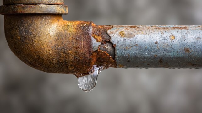 Rusty metal pipe with visible crack leaking water droplet, indicating plumbing repair need and water damage risk.