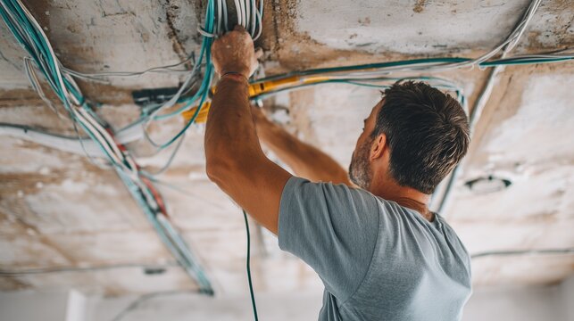 Electrician installing ceiling wiring and cable in new house construction, preparing conduit and wire routing for lighting and power.