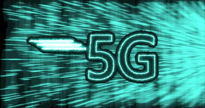Glowing blue '5G' animation against black background,