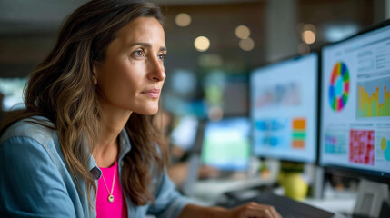 Focused operations research analyst reviewing scenario testing results on multiple display screens, optimizing supply chain strategies, collaborative workspace environment, data-driven