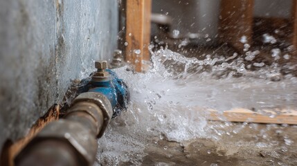 Burst pipe leaking water in a basement with spray and wet floor symbolizing emergency plumbing repair need.