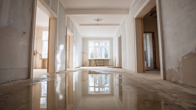 Interior hallway with standing water reflecting damaged drywall and trim, indicating water remediation damage and restoration need.