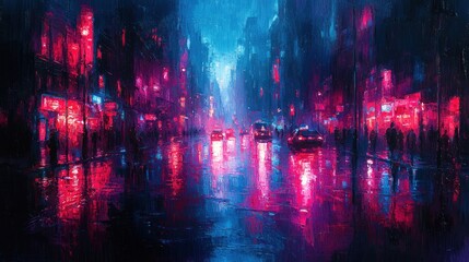 Fototapeta premium Cityscape at night, rain slicked roads, vivid colors