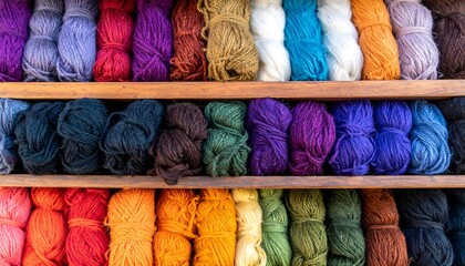 Vibrant yarn skeins in rainbow colors on wooden shelves for knitting and crochet projects