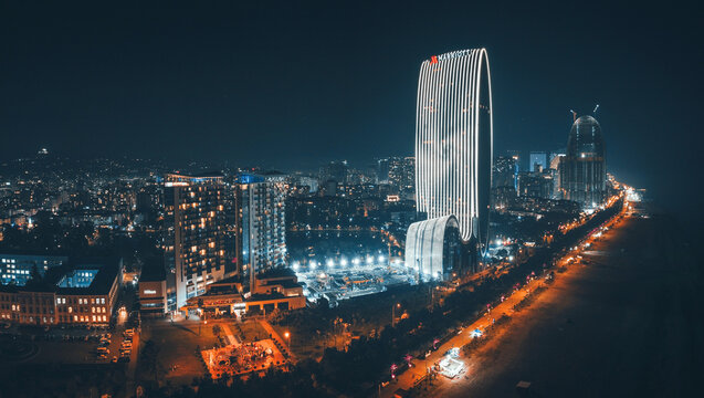 5 November 2025, Batumi, Georgia: city skyline at night featuring modern illuminated architecture, urban lights, and the Black Sea coastline