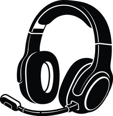 A detailed black and white illustration of a modern gaming headset featuring a boom microphone © @ahmedmaynul