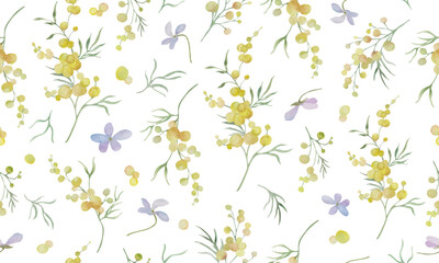 Seamless Watercolor Spring Mimosa and Violet Floral Pattern. Hand drawn illustration. Vector EPS.