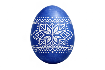 Blue pysanka easter egg with white folk ornament