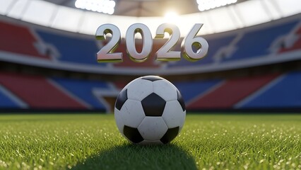 Fototapeta premium Soccer ball on a stadium field with 2026 text overlay