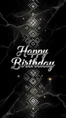 Vibrant Abstract Kirakira Glitter Gothic Birthday Artwork with Luxurious Dark Background, Romantic Dandyism Theme, Metallic Cursive Happy Birthday Typography and Elegant Sparkling Celebration Design