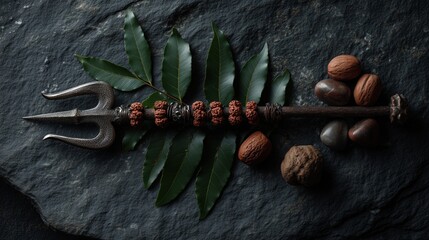 Trishul with rudraksha beads and bilva leaves for Maha Shivratri