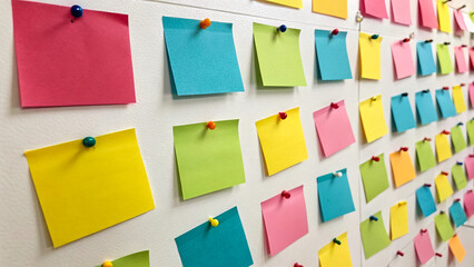 Colorful sticky notes on a white wall with push pins