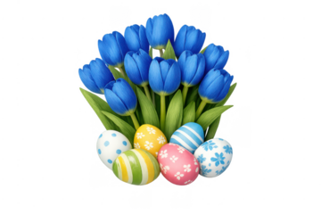 Blue tulips and colorful easter eggs on transparent background