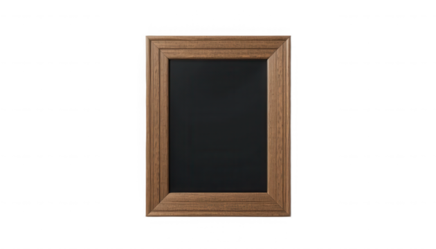 Empty vertically oriented wooden picture frame with dark insert isolated on transparent background - Powered by Adobe