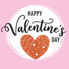 Happy valentine day greeting card with a large red textured heart on a soft pink circle background