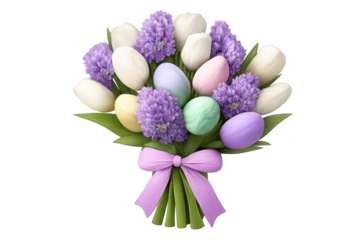 Easter bouquet of tulips, hyacinths, and colorful eggs