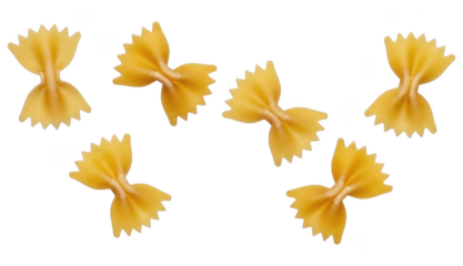 Six pieces of bow tie pasta farfalle scattered in light yellow color isolated