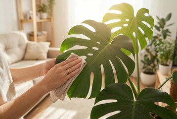Person gently dusting a large Monstera leaf in a bright living room with various houseplants and a sofa in the background.