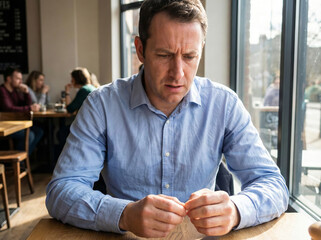 Man sitting alone at a table in a cafe, looking worried and fidgeting with a napkin