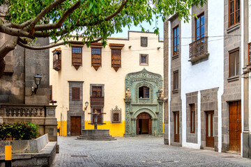 View through old town facades to the Casa de Colon in Las Palmas, Canary Islands