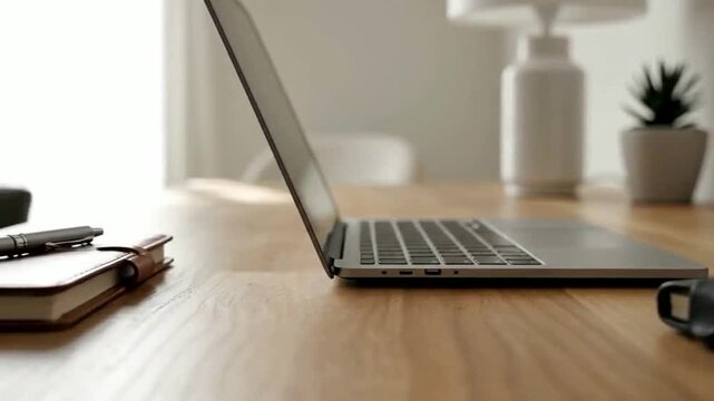 Modern silver laptop sits open on a light wooden desk next to a leather bound notebook and pen ready for work.