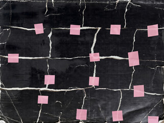 mixed-media collage background featuring a dark, textured black surface with torn white paper lines forming an irregular grid pattern.