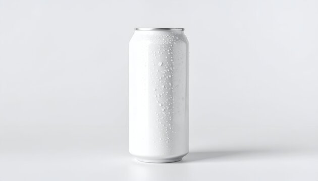 A clean, white beverage can with condensation droplets against a minimalistic background