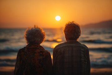 senior couple from behind looking at sunset over the sea