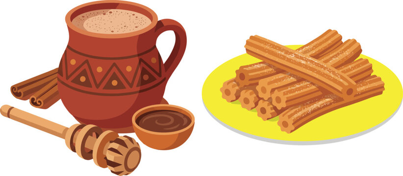 Traditional Mexican breakfast dessert set with fried churros pastry on plate hot chocolate in clay mug with molinillo whisk and cinnamon sticks for sweet latin cuisine snack concept.