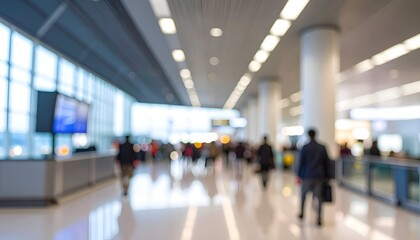 A busy airport interior with blurred figures and bright lighting, showcasing human activity