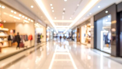 A blurred view of a modern shopping mall featuring bright lights and clothing stores