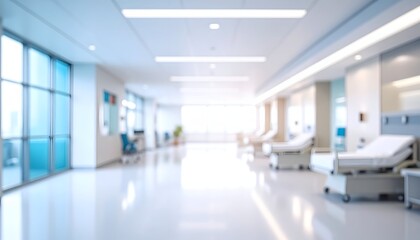A bright, spacious hospital corridor with beds, highlighting a clean and modern healthcare environment