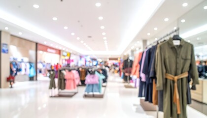 A bustling retail environment showcasing various clothing displays amid bright lighting