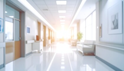 Brightly lit hospital corridor with modern design, featuring medical equipment and furniture