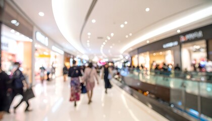 A bustling shopping mall scene with blurred figures and vibrant stores under soft lighting