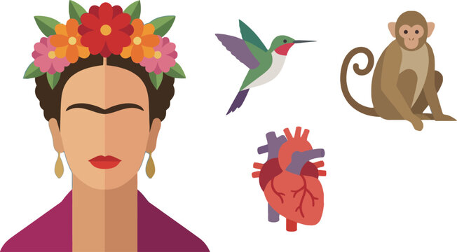 Mexican woman portrait with flower crown and unibrow next to hummingbird monkey and anatomical heart for traditional culture art icon set representing feminism and nature love symbol.