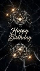 Vibrant Abstract Kirakira Glitter Gothic Birthday Artwork with Luxurious Dark Background, Romantic Dandyism Theme, Metallic Cursive Happy Birthday Typography and Elegant Sparkling Celebration Design