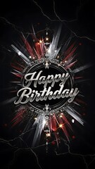 Vibrant Abstract Kirakira Glitter Gothic Birthday Artwork with Luxurious Dark Background, Romantic Dandyism Theme, Metallic Cursive Happy Birthday Typography and Elegant Sparkling Celebration Design