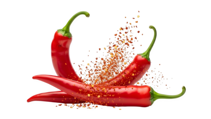 Three vibrant red chili peppers are dramatically captured mid-explosion with fine flakes scattering intensely across the dark background space.