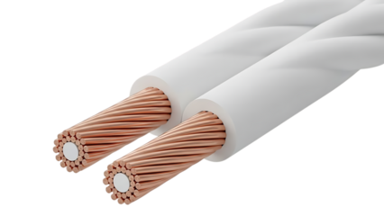 Copper electrical wires with white insulation shown in close-up detail, highlighting the internal copper conductors and the twisted cable design, suitable for various electrical applications.
