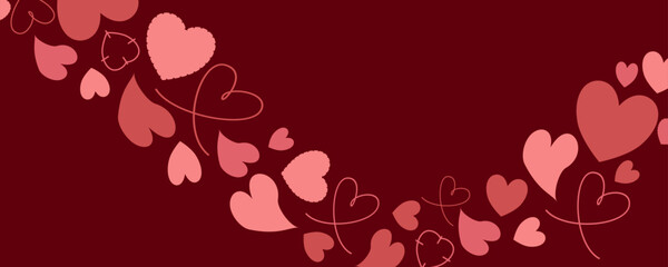Heart wave border on dark burgundy background. Romantic Valentine’s Day border for greeting card, poster and banner design. Cute love themed flat vector illustration.