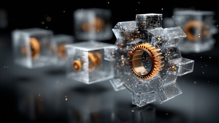 Mechanical gears enclosed in transparent cubes reveal golden cores and glowing particles. Representation shows precision engineering and intelligent automation or modular systems in advanced tech.