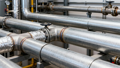 Steel pipes with valves for water supply installed in a modern boiler room for industrial facility design and plumbing system promotions