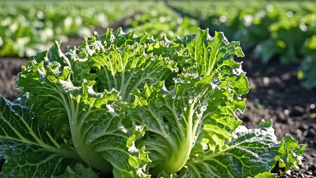 Closeup of a vibrant green cabbage plant growing in a field on a sunny day.