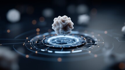 Stylized molecular structure hovers above a circular interface with glowing nodes and concentric rings. Visualization represents biotechnology and research. High performance computing aids discovery.